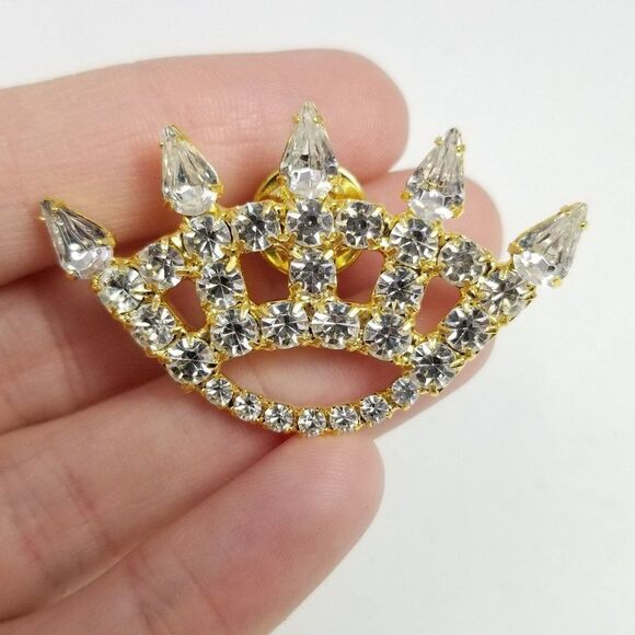 Vintage Crown Shape Rhinestone Lapel Pin, Gold Tone Setting Brooch, Queen King - Picture 1 of 6